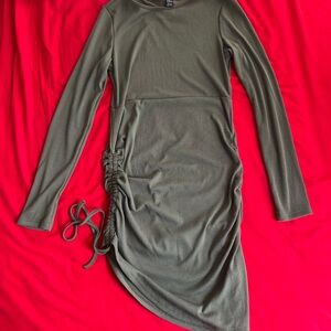 Chic Long Sleeve Olive Dress with Ruched Detail